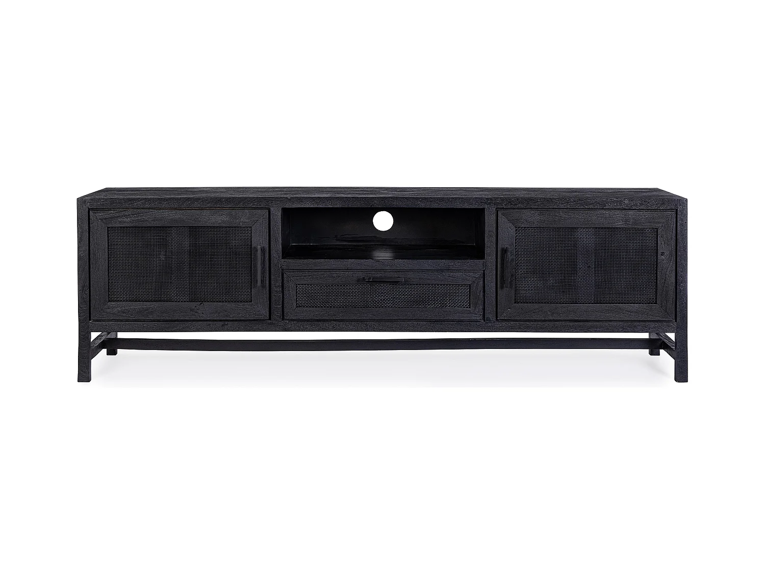 Meuble TV 2 portes 1 tiroir en bois massif noir de manguier et rotin noir Waky 180cm