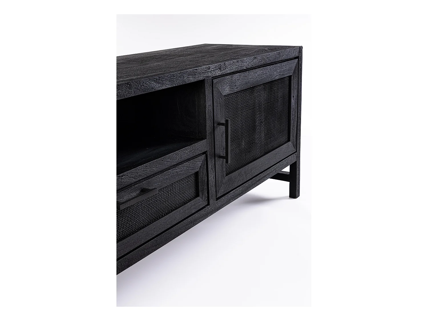 Meuble TV 2 portes 1 tiroir en bois massif noir de manguier et rotin noir Waky 180cm