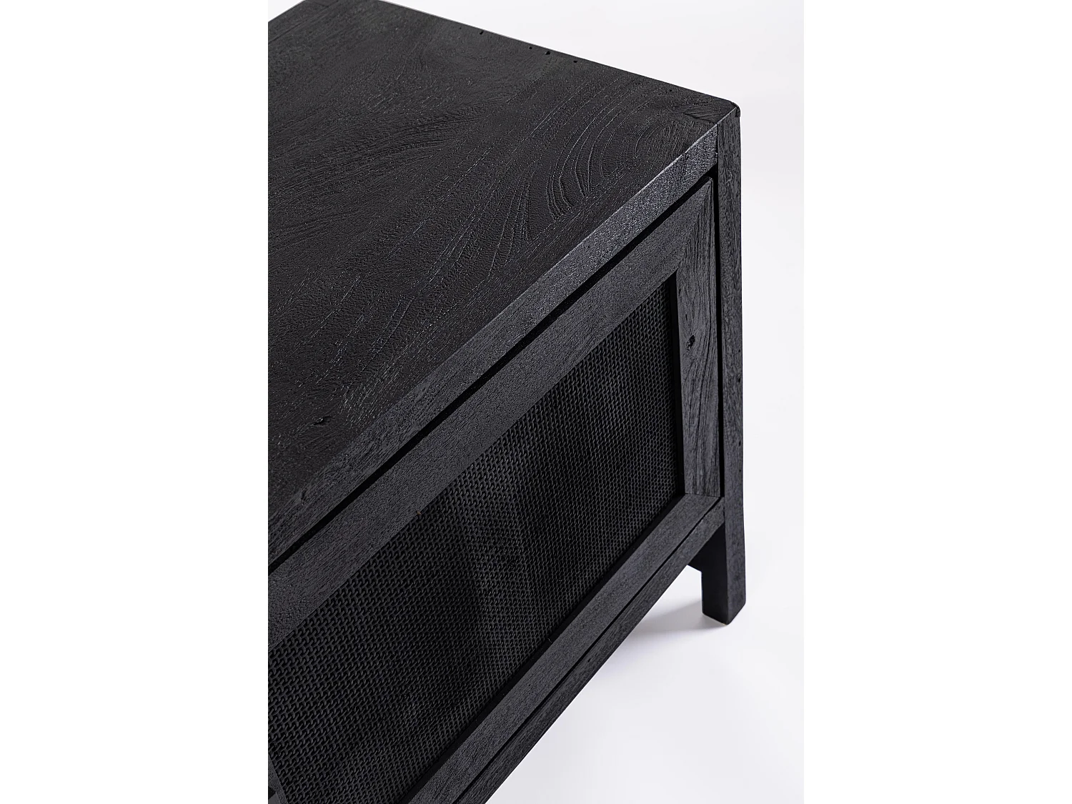 Meuble TV 2 portes 1 tiroir en bois massif noir de manguier et rotin noir Waky 180cm