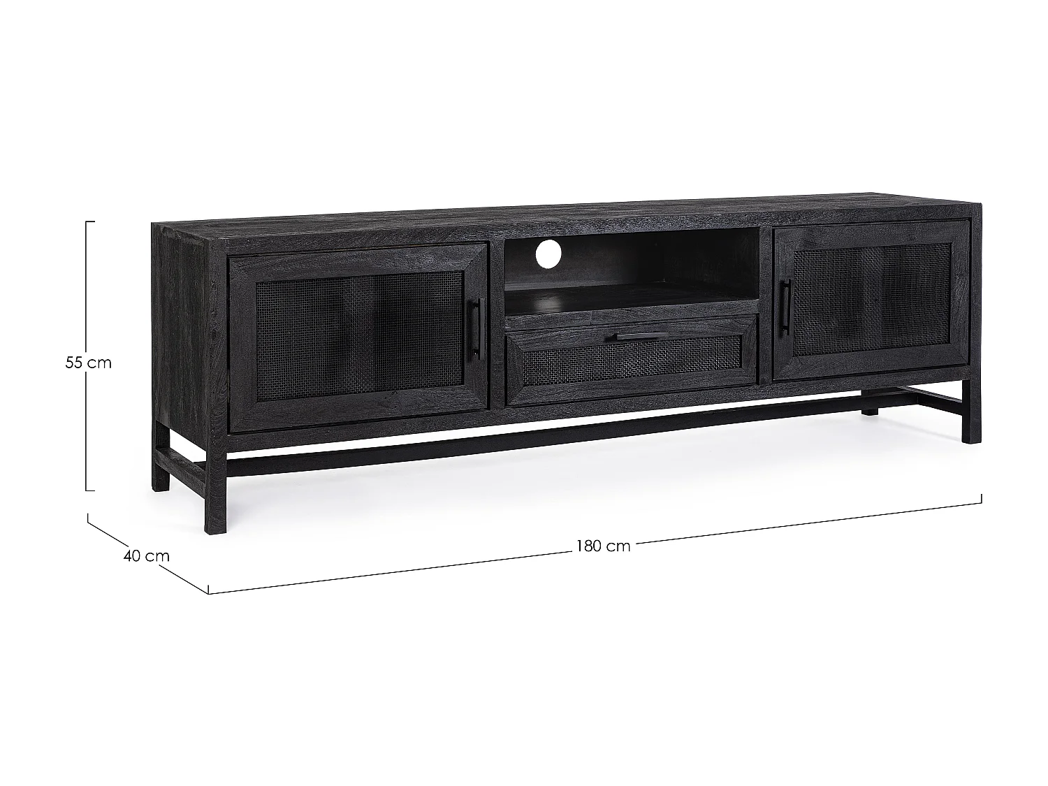 Meuble TV 2 portes 1 tiroir en bois massif noir de manguier et rotin noir Waky 180cm