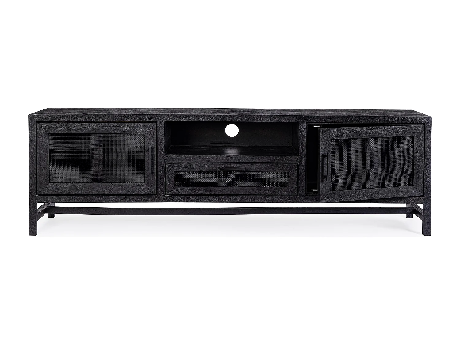 Meuble TV 2 portes 1 tiroir en bois massif noir de manguier et rotin noir Waky 180cm