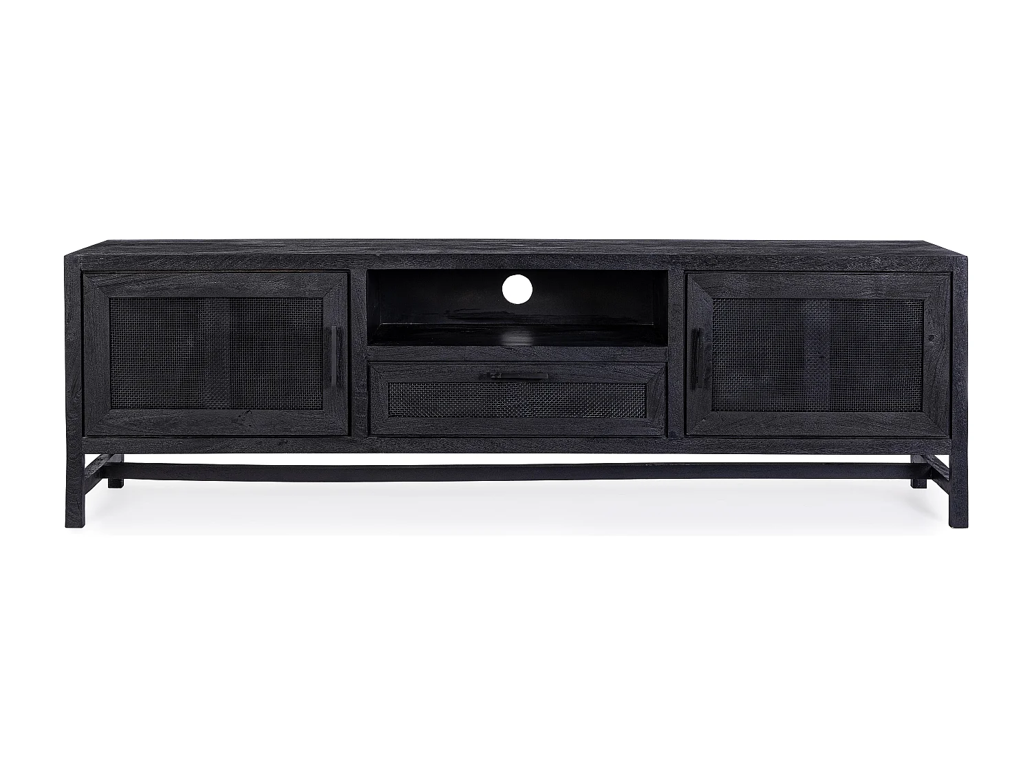 Meuble TV 2 portes 1 tiroir en bois massif noir de manguier et rotin noir Waky 180cm