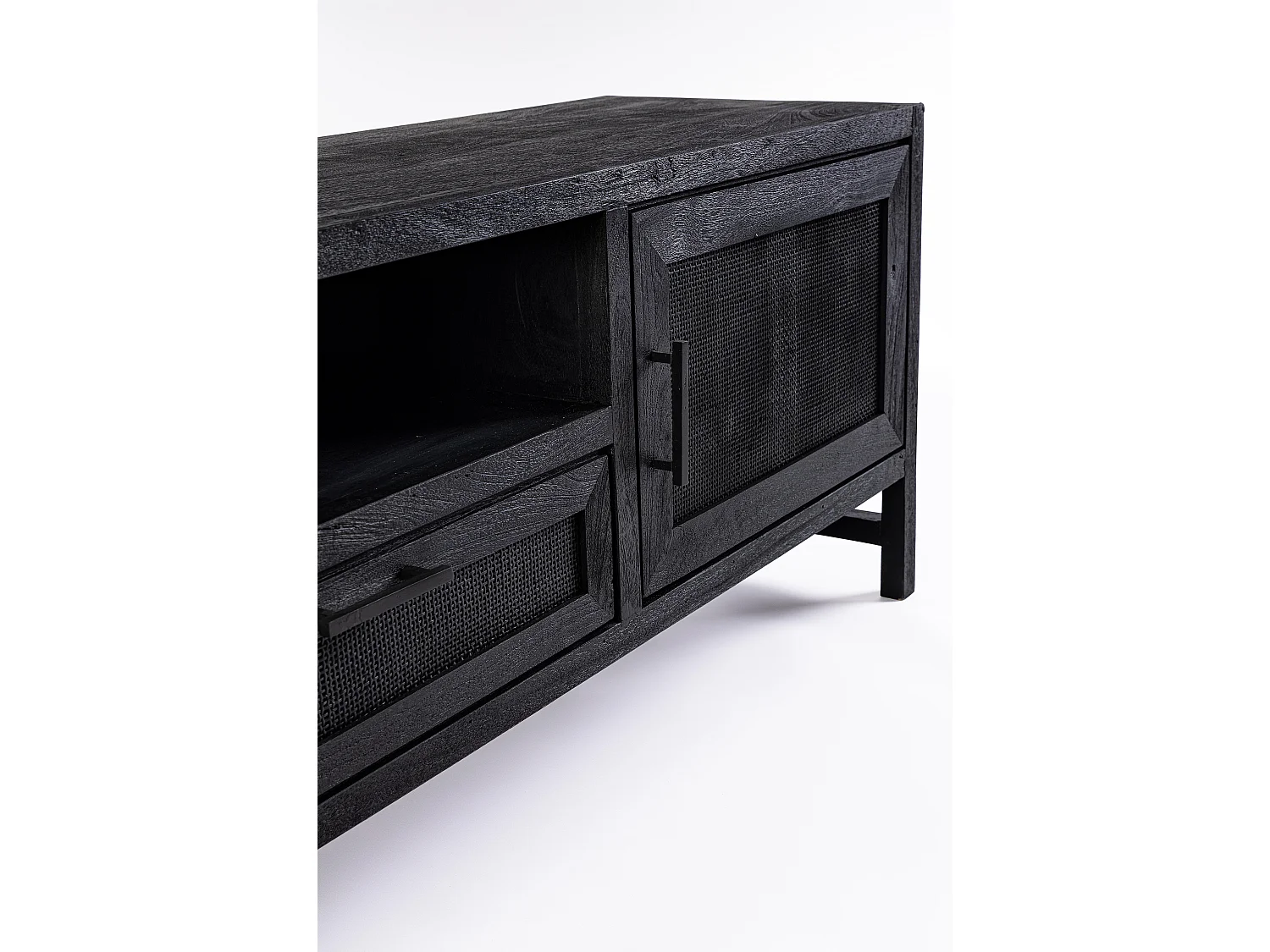 Meuble TV 2 portes 1 tiroir en bois massif noir de manguier et rotin noir Waky 180cm