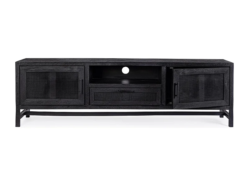 Meuble TV 2 portes 1 tiroir en bois massif noir de manguier et rotin noir Waky 180cm