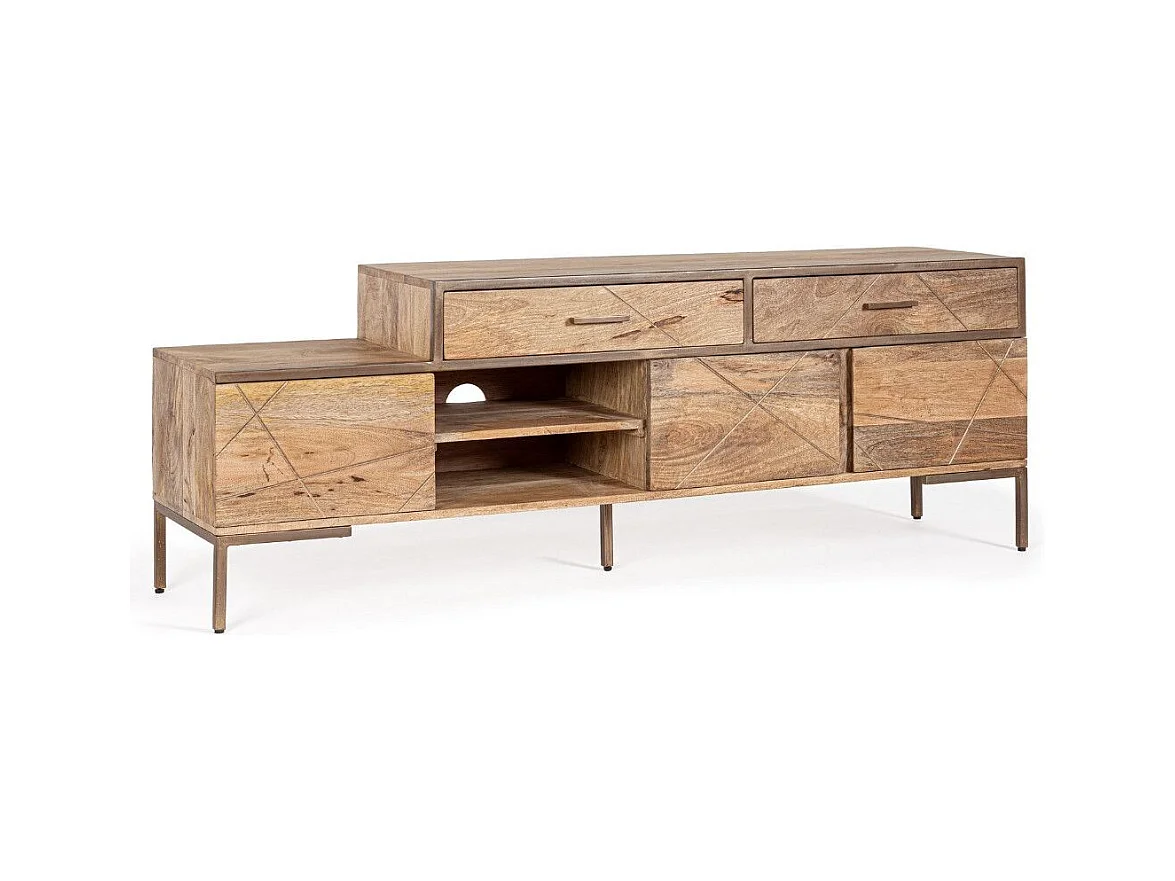 Meuble TV bois de manguier naturel et pieds acier laiton mat Jonky 175cm