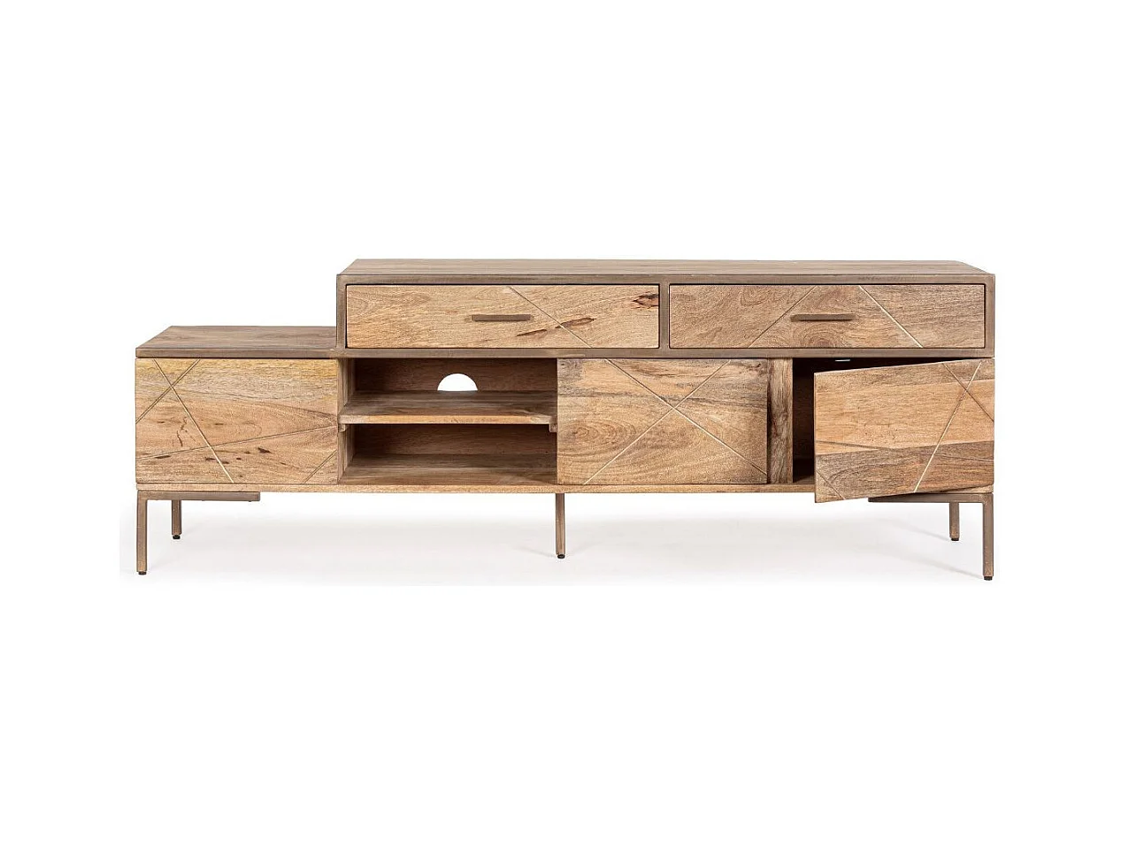 Meuble TV bois de manguier naturel et pieds acier laiton mat Jonky 175cm