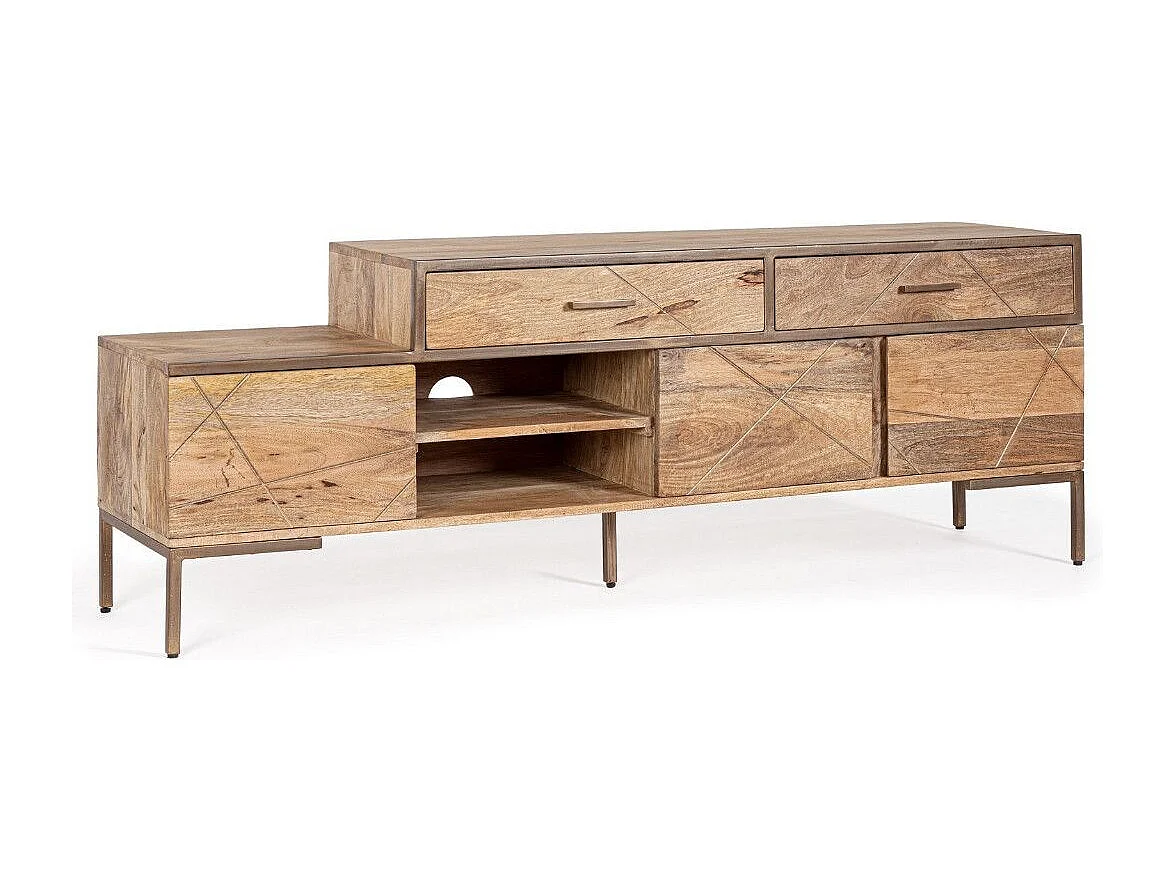 Meuble TV bois de manguier naturel et pieds acier laiton mat Jonky 175cm