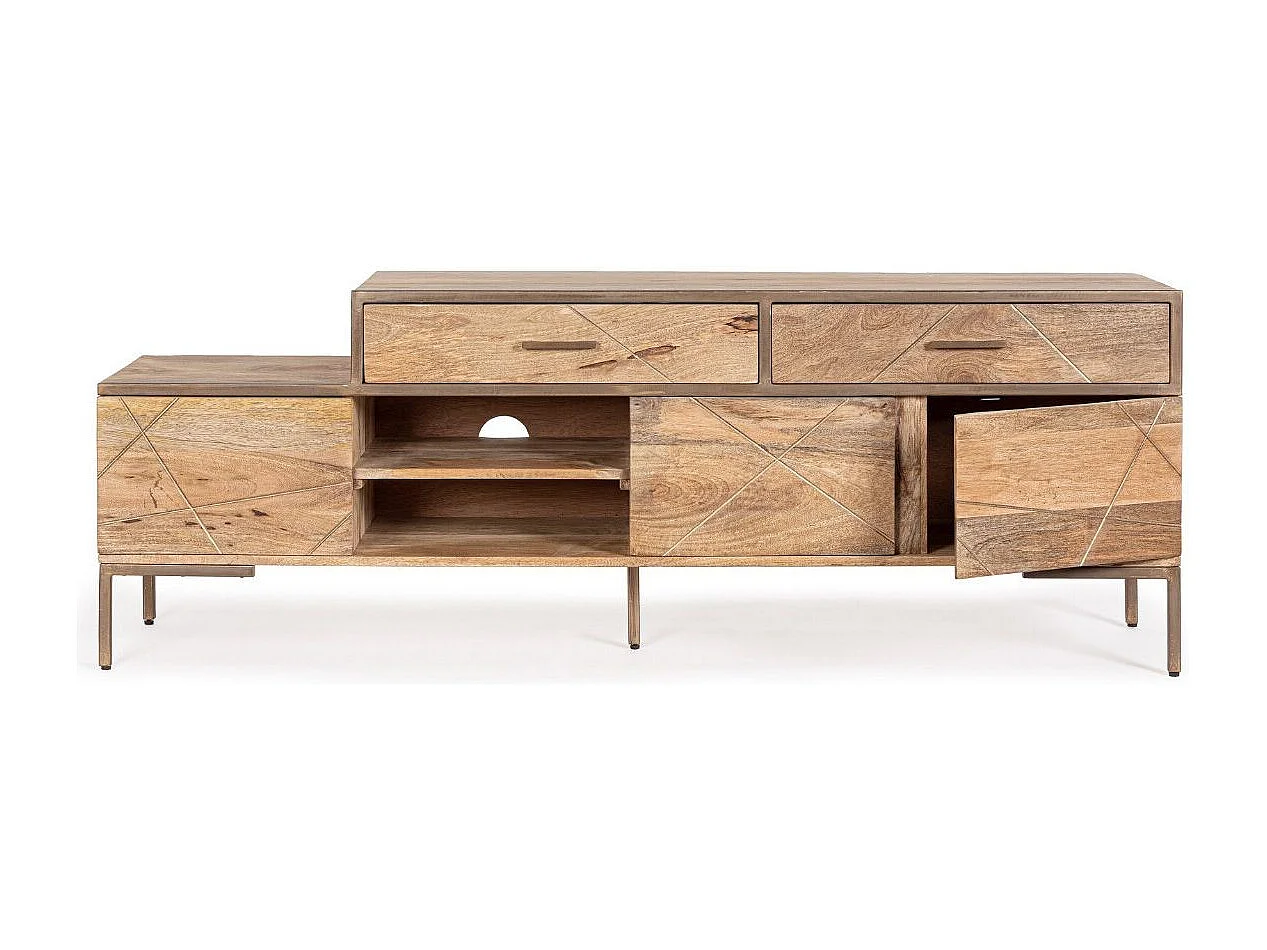 Meuble TV bois de manguier naturel et pieds acier laiton mat Jonky 175cm