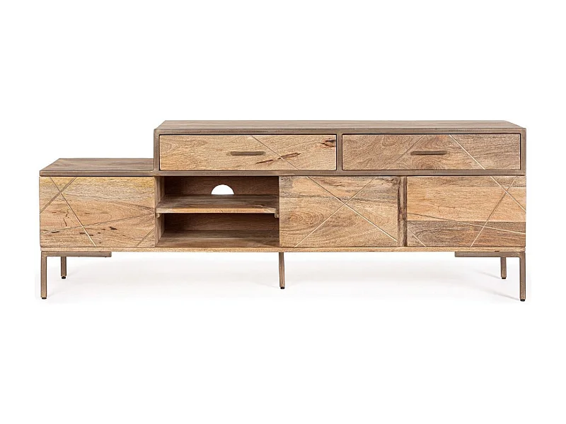 Meuble TV bois de manguier naturel et pieds acier laiton mat Jonky 175cm