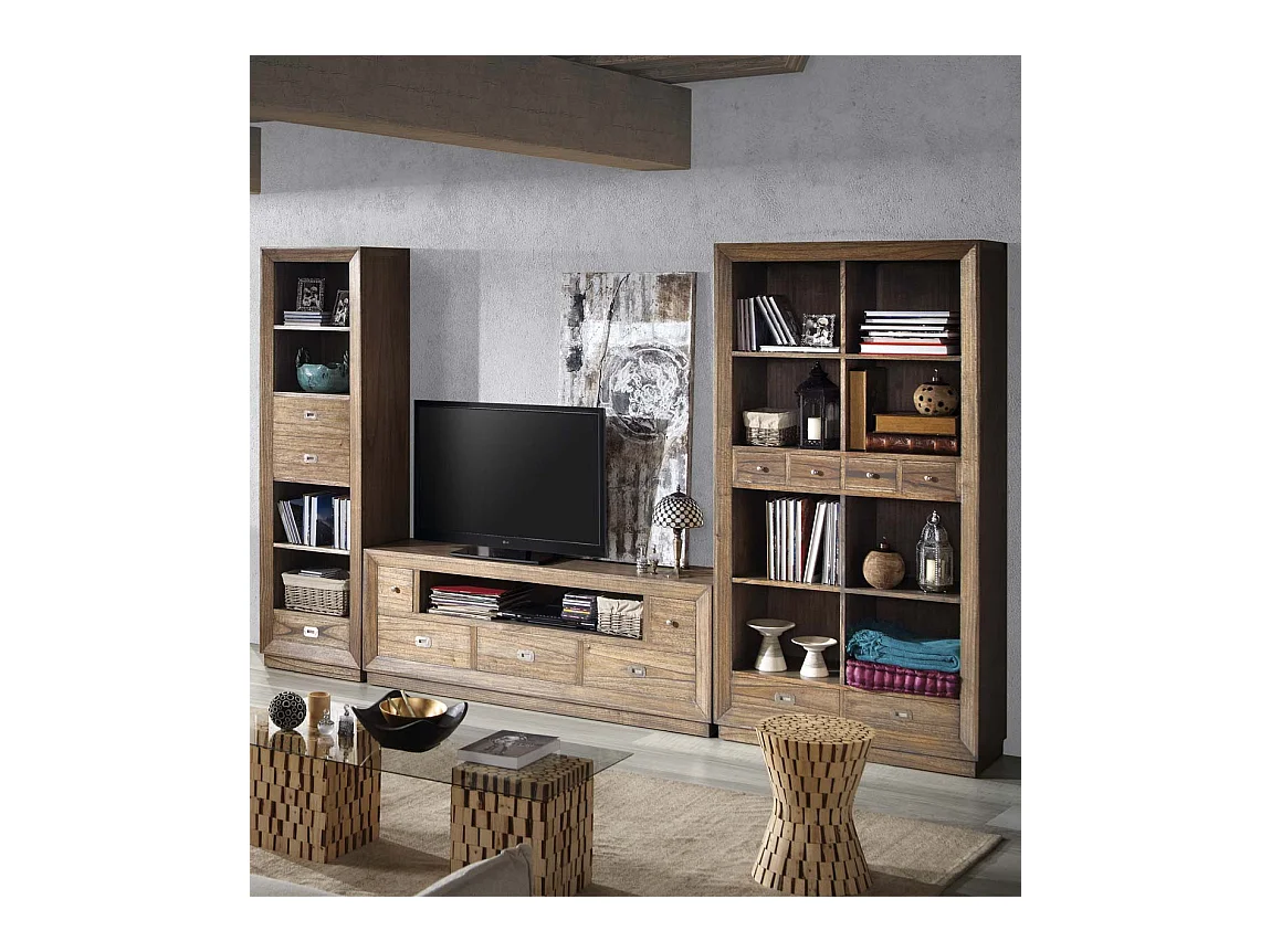 Mueble TV Mindy madera maciza natural 5 cajones 1 hornacina Mazari 160 cm