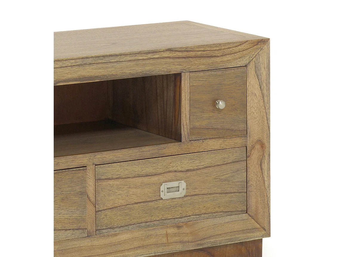 Meuble TV 5 tiroirs et 1 niche en bois massif naturel MAZARI