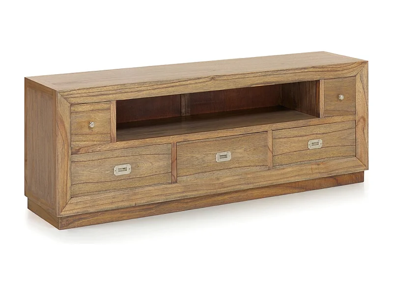 Meuble TV 5 tiroirs et 1 niche en bois massif naturel MAZARI