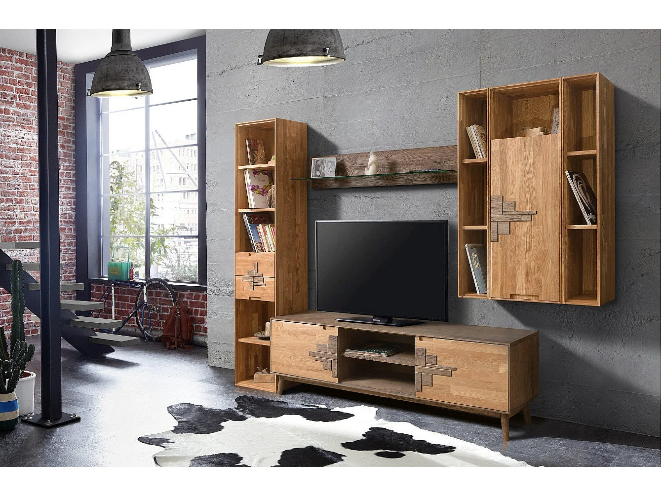 Mueble TV de roble macizo natural y marrón Thayla 180 cm
