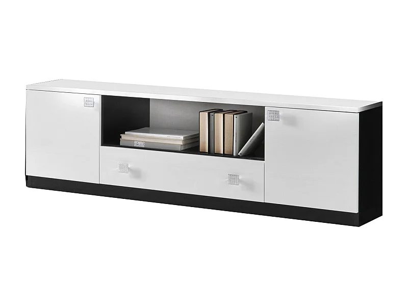 Meuble TV bois blanc et noir vernis laqué brillant Bilia 165cm