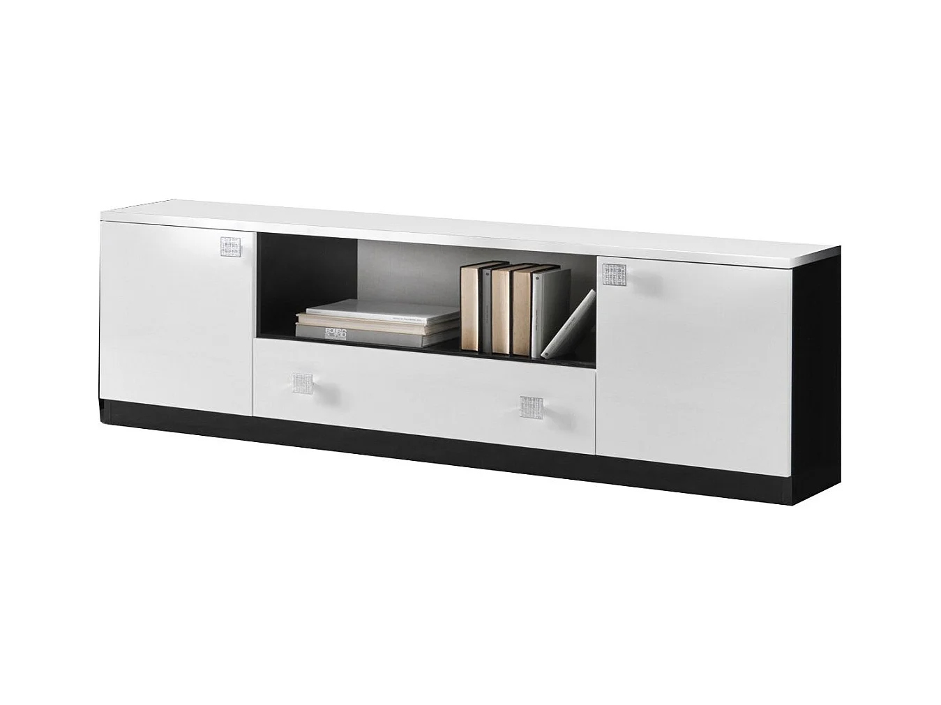 Meuble TV bois blanc et noir vernis laqué brillant Bilia 165cm