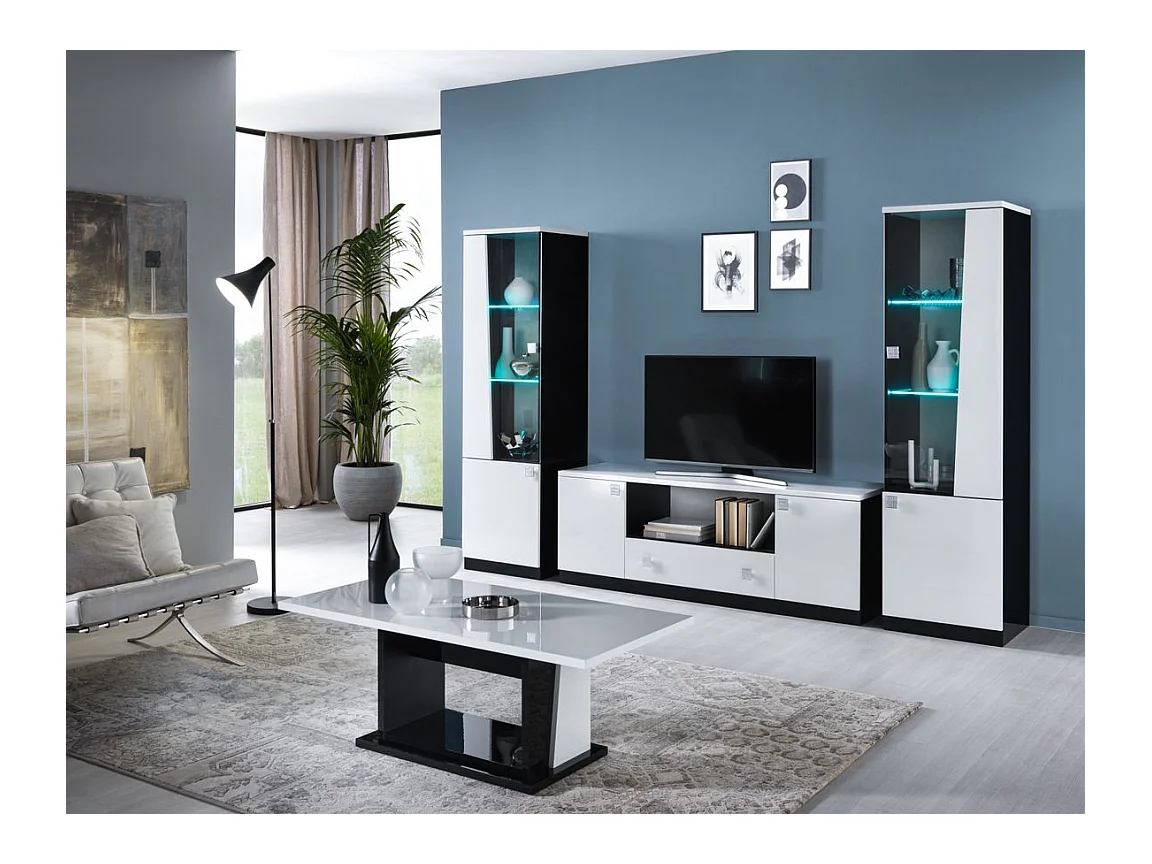 Meuble TV bois blanc et noir vernis laqué brillant Bilia 165cm