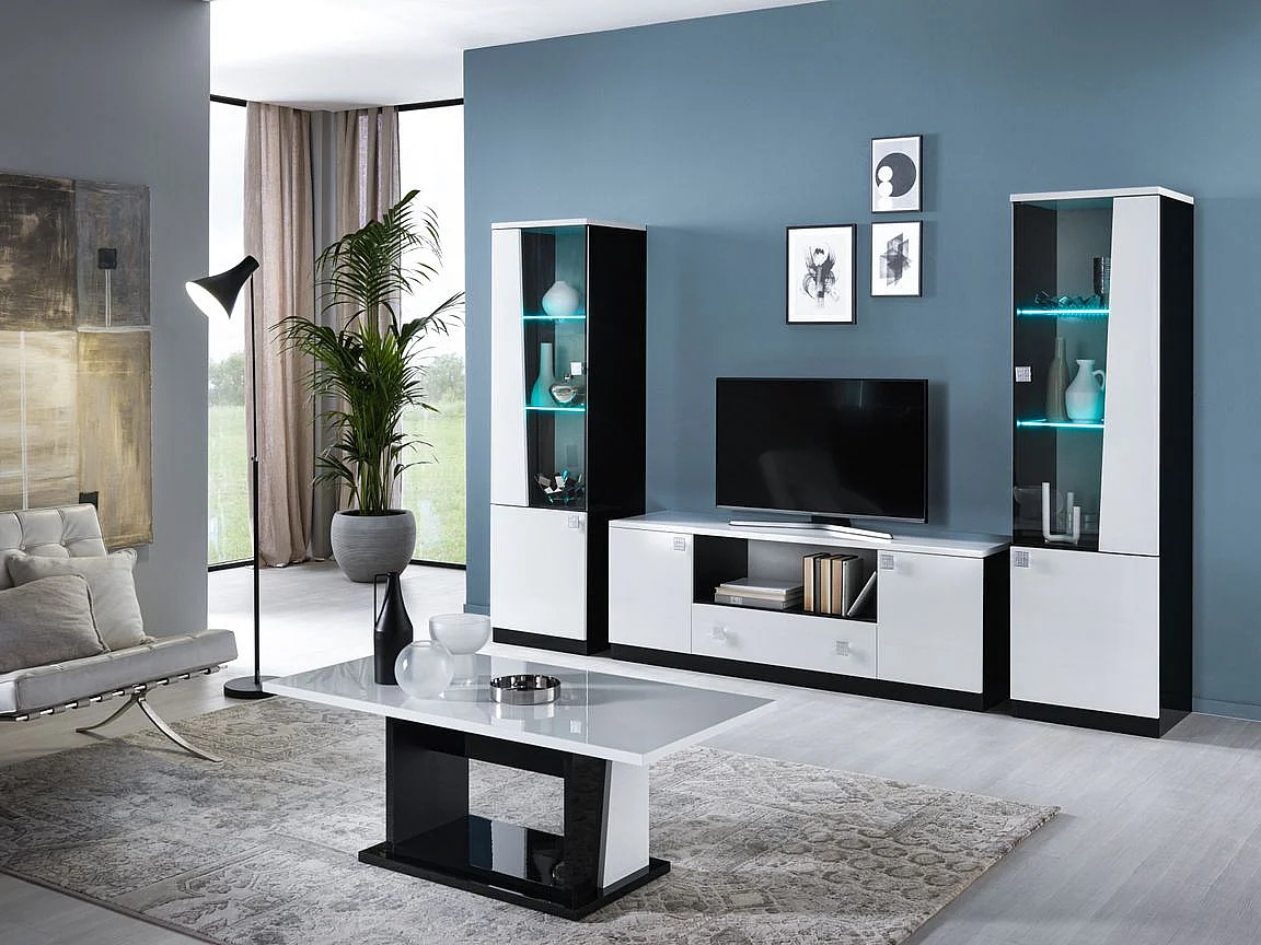 Meuble TV bois blanc et noir vernis laqué brillant Bilia 165cm