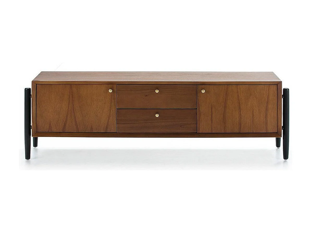 Meuble TV 2 portes 2 tiroirs bois massif foncé et noir Vazen 160cm