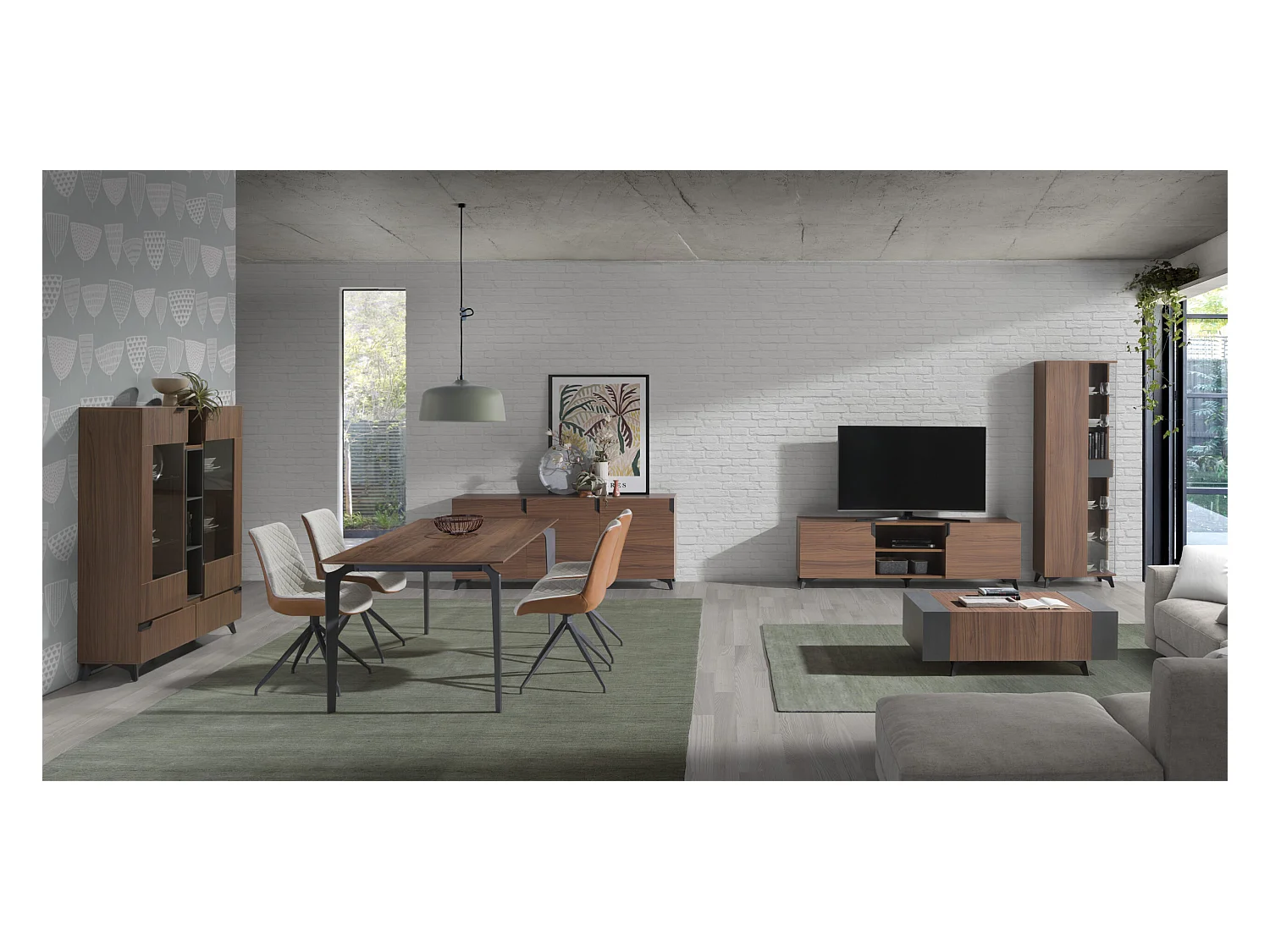 Mueble TV Kalieto 2 puertas 2 nichos de madera marrón con patas de acero negro 180 cm