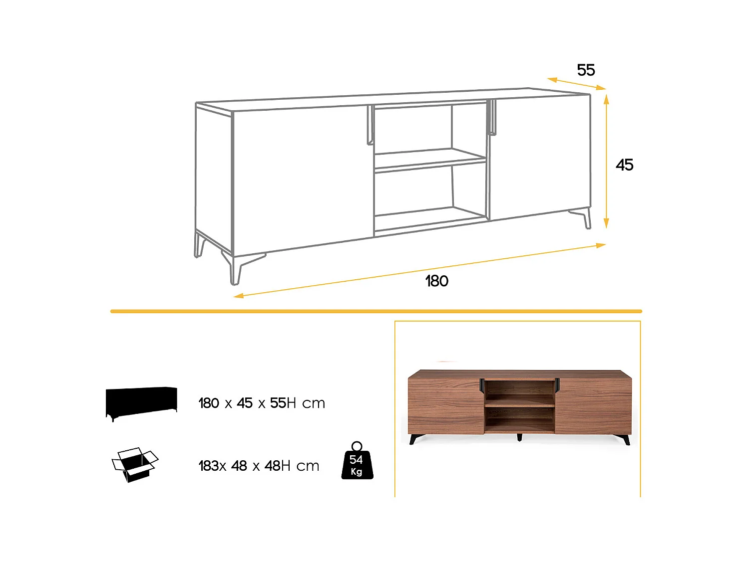 Mueble TV Kalieto 2 puertas 2 nichos de madera marrón con patas de acero negro 180 cm