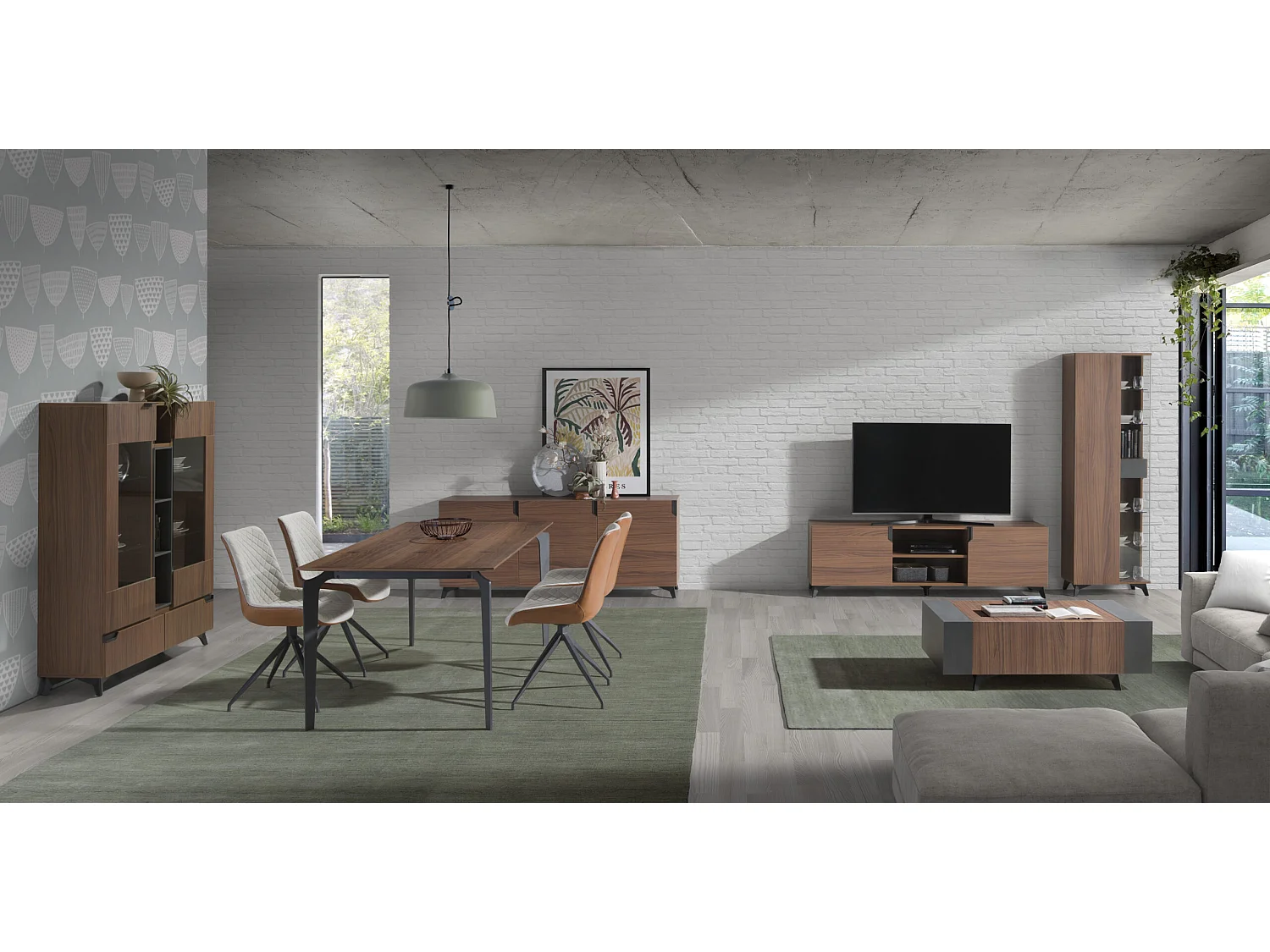 Mueble TV Kalieto 2 puertas 2 nichos de madera marrón con patas de acero negro 180 cm