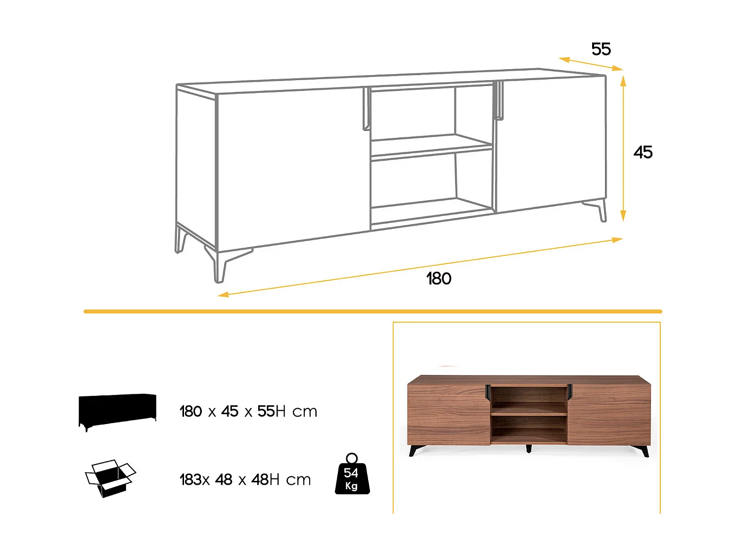 Mueble TV Kalieto 2 puertas 2 nichos de madera marrón con patas de acero negro 180 cm