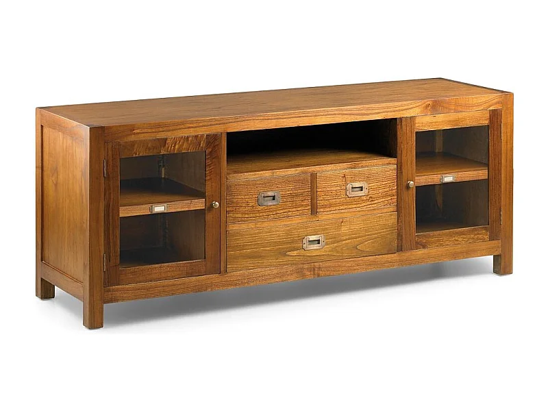 Meuble TV en bois massif de Mindy 3 tiroirs 2 portes vitrées 1 niche Orka 150cm