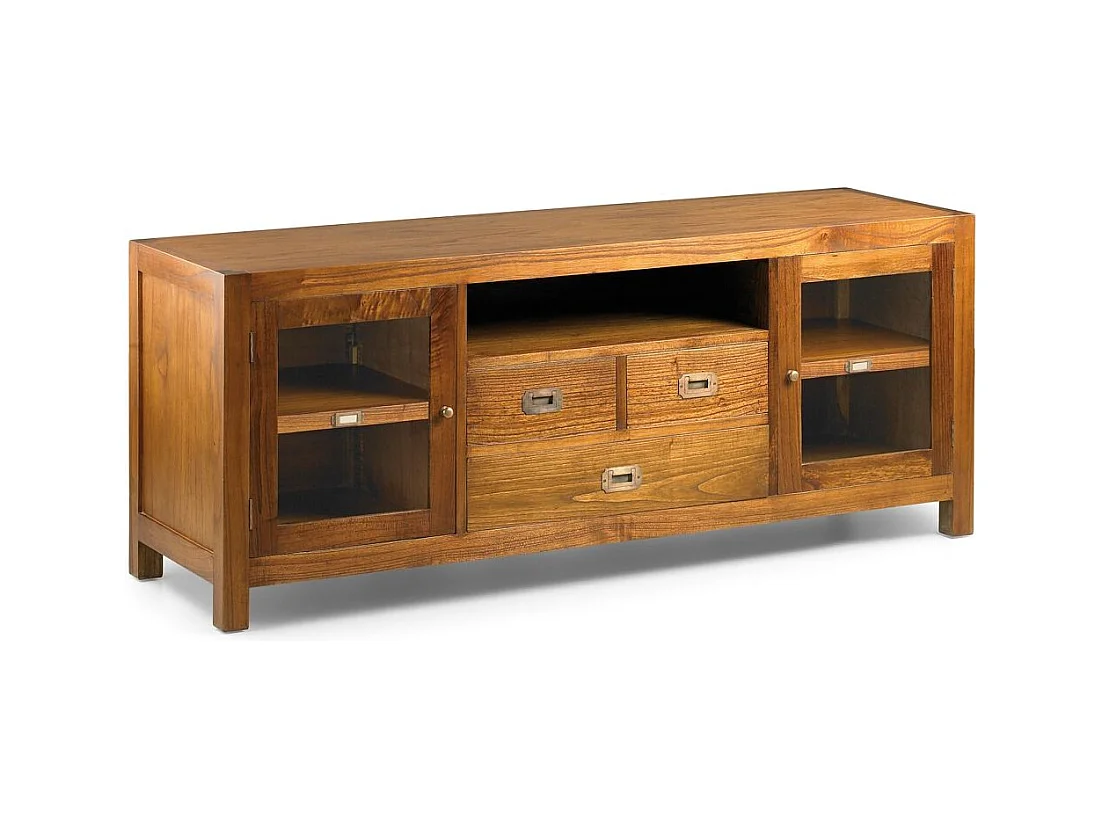 Meuble TV en bois massif de Mindy 3 tiroirs 2 portes vitrées 1 niche Orka 150cm