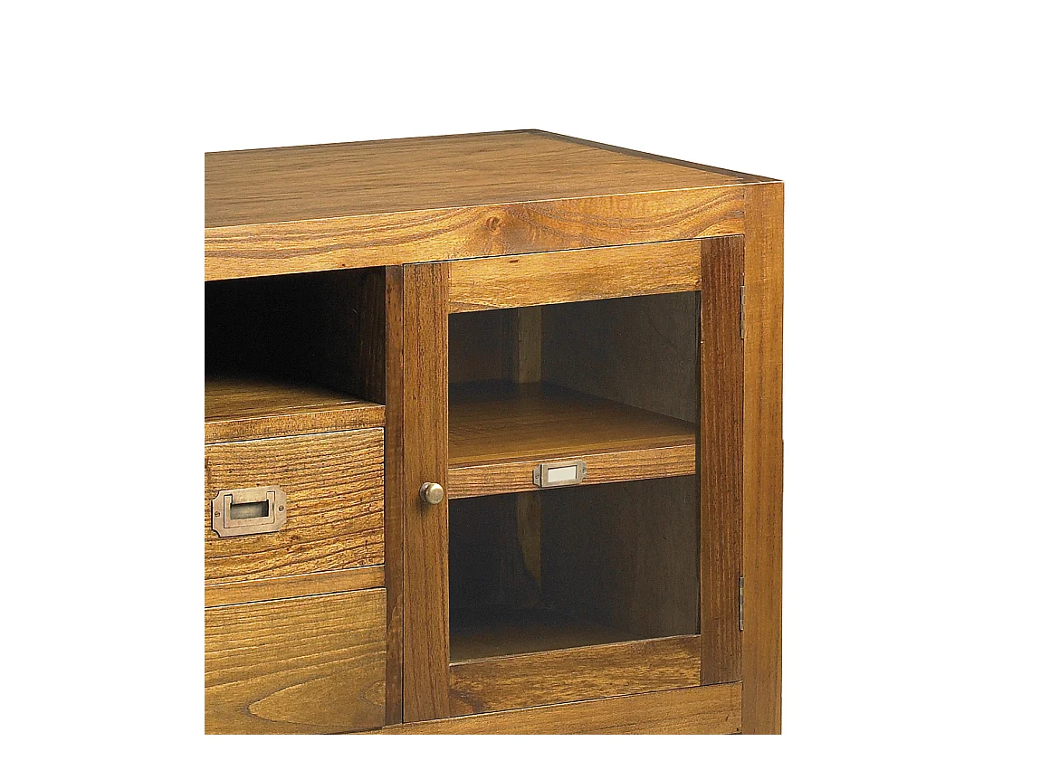 Meuble TV en bois massif de Mindy 3 tiroirs 2 portes vitrées 1 niche Orka 150cm