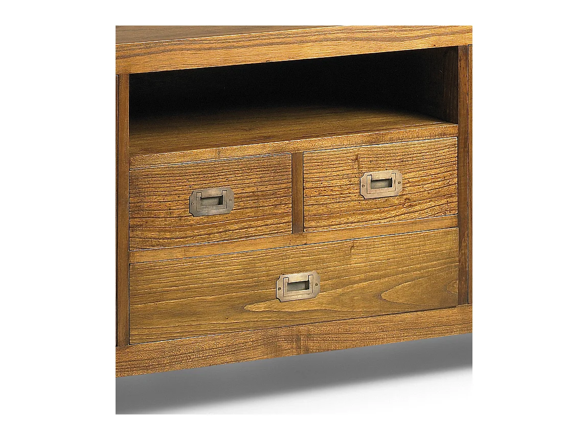 Meuble TV en bois massif de Mindy 3 tiroirs 2 portes vitrées 1 niche Orka 150cm