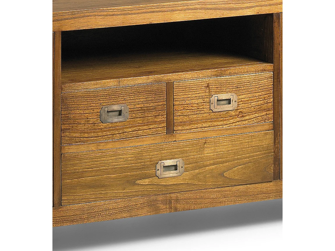 Meuble TV en bois massif de Mindy 3 tiroirs 2 portes vitrées 1 niche Orka 150cm