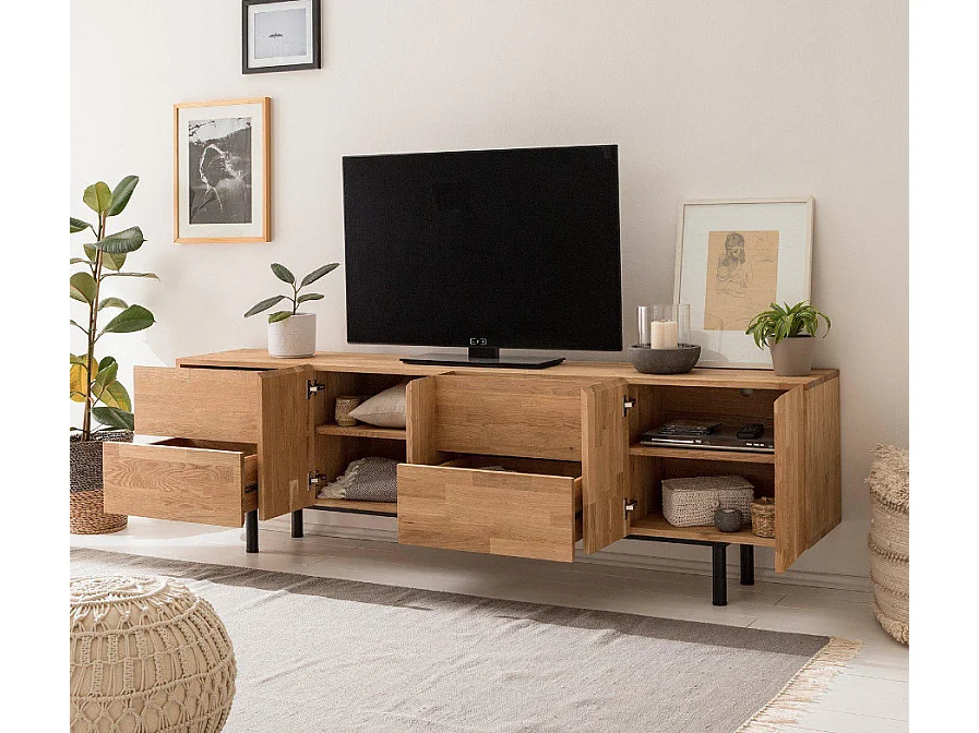 Meuble TV en chêne massif et acier noir 2 portes 4 tiroirs Maury 220cm