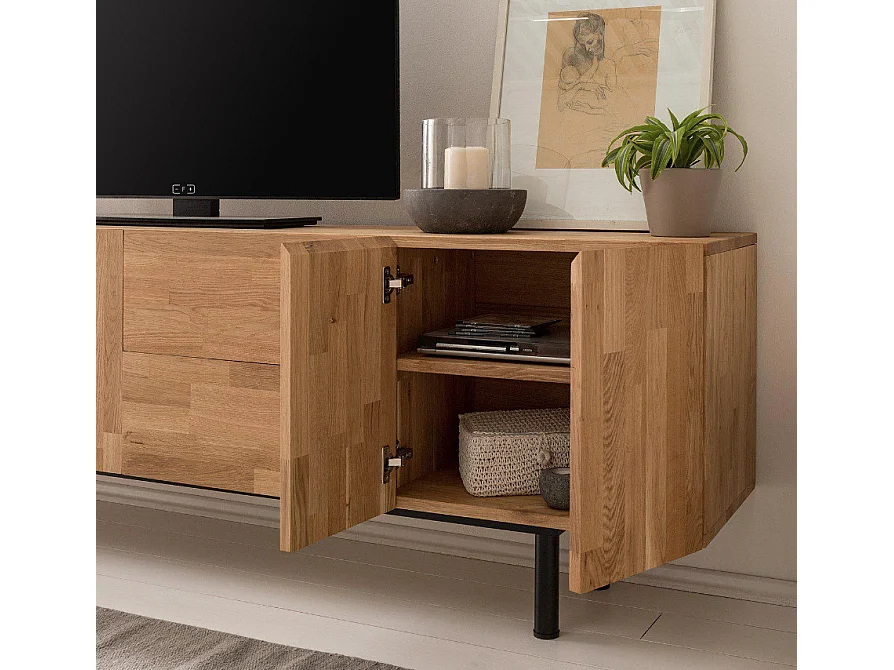 Meuble TV en chêne massif et acier noir 2 portes 4 tiroirs Maury 220cm