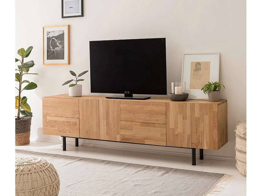 Meuble TV en chêne massif et acier noir 2 portes 4 tiroirs Maury 220cm