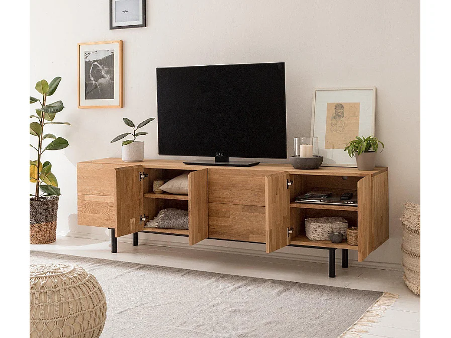 Meuble TV en chêne massif et acier noir 2 portes 4 tiroirs Maury 220cm