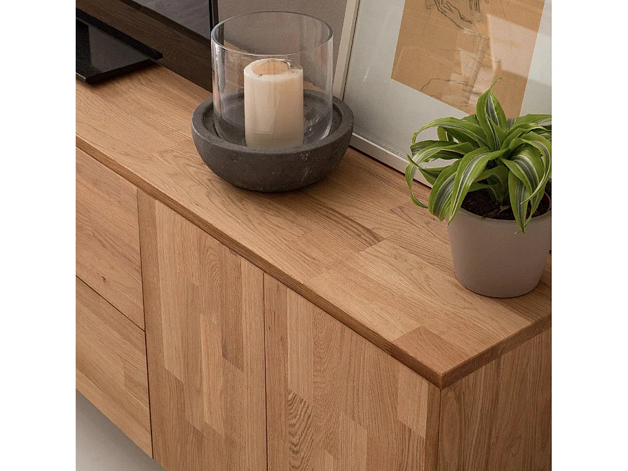 Meuble TV en chêne massif et acier noir 2 portes 4 tiroirs Maury 220cm