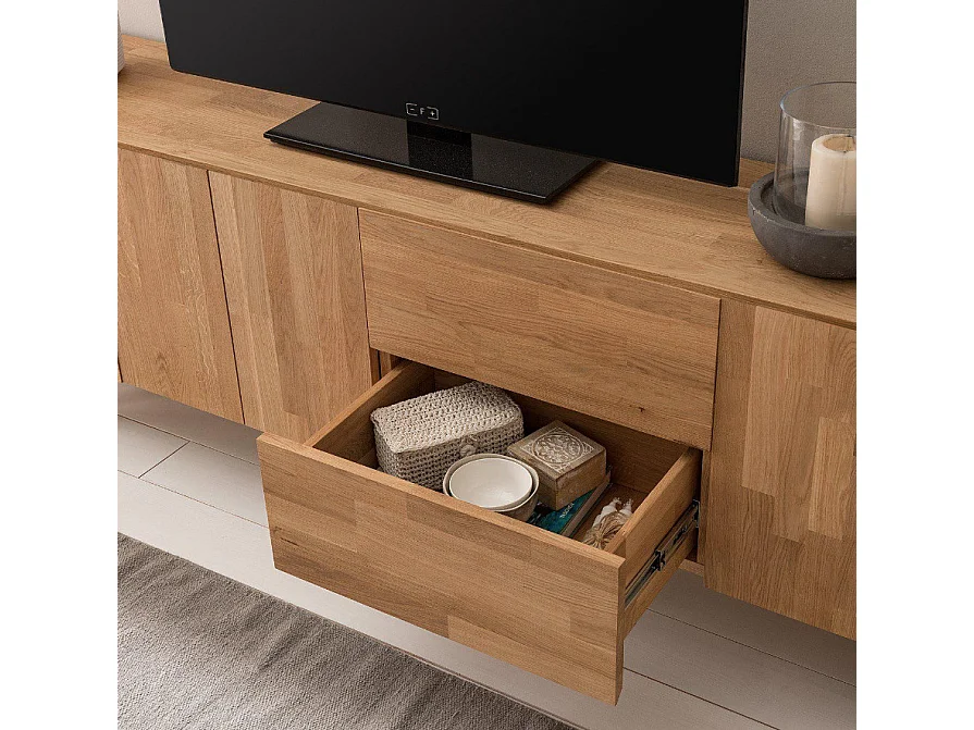 Meuble TV en chêne massif et acier noir 2 portes 4 tiroirs Maury 220cm