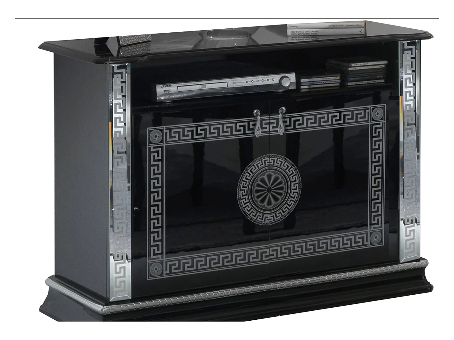 Meuble TV 2 portes 1 niche bois vernis laqué brillant noir et gris Venus 100cm