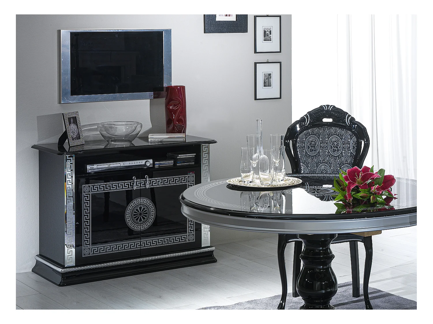 Meuble TV 2 portes 1 niche bois vernis laqué brillant noir et gris Venus 100cm