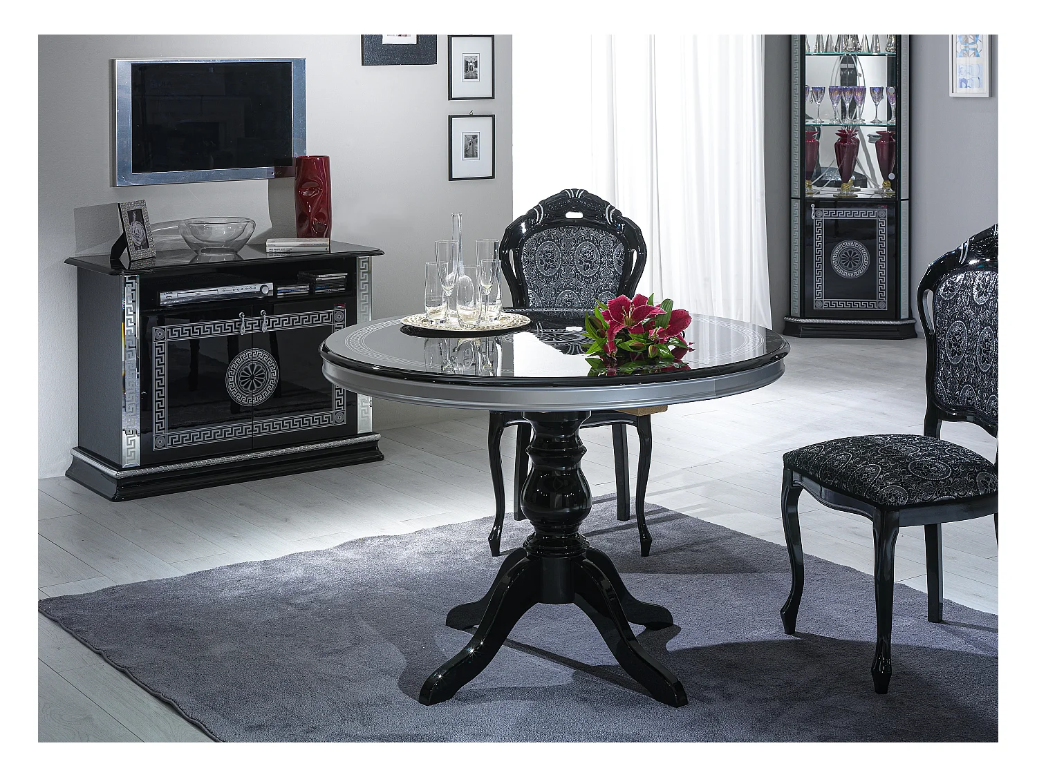 Meuble TV 2 portes 1 niche bois vernis laqué brillant noir et gris Venus 100cm