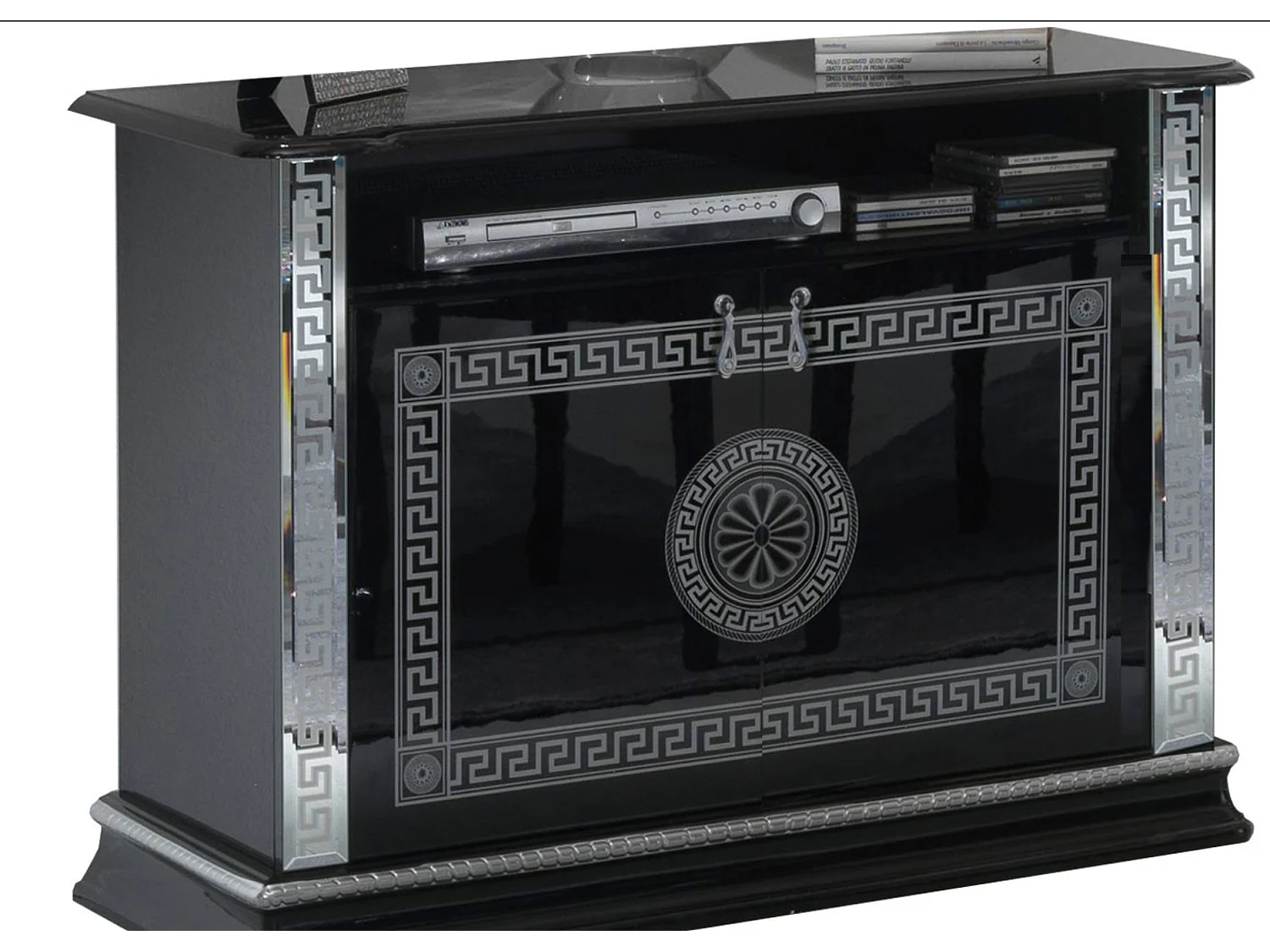 Meuble TV 2 portes 1 niche bois vernis laqué brillant noir et gris Venus 100cm