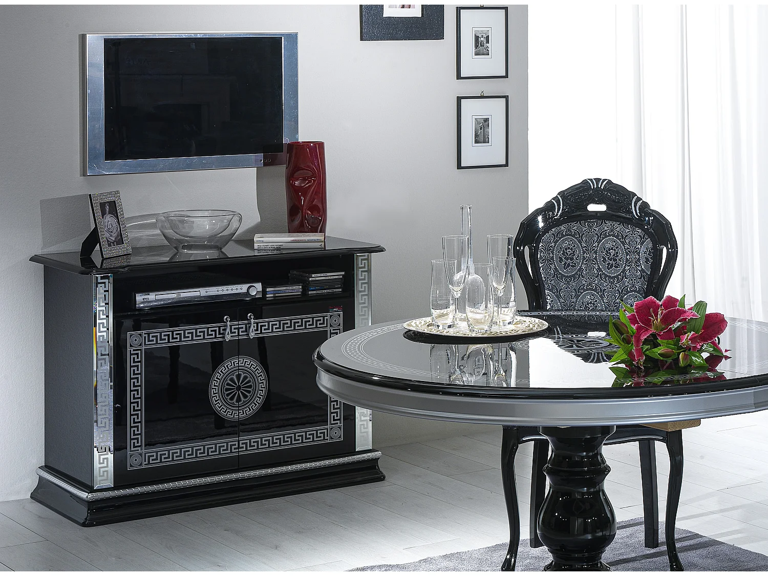 Meuble TV 2 portes 1 niche bois vernis laqué brillant noir et gris Venus 100cm