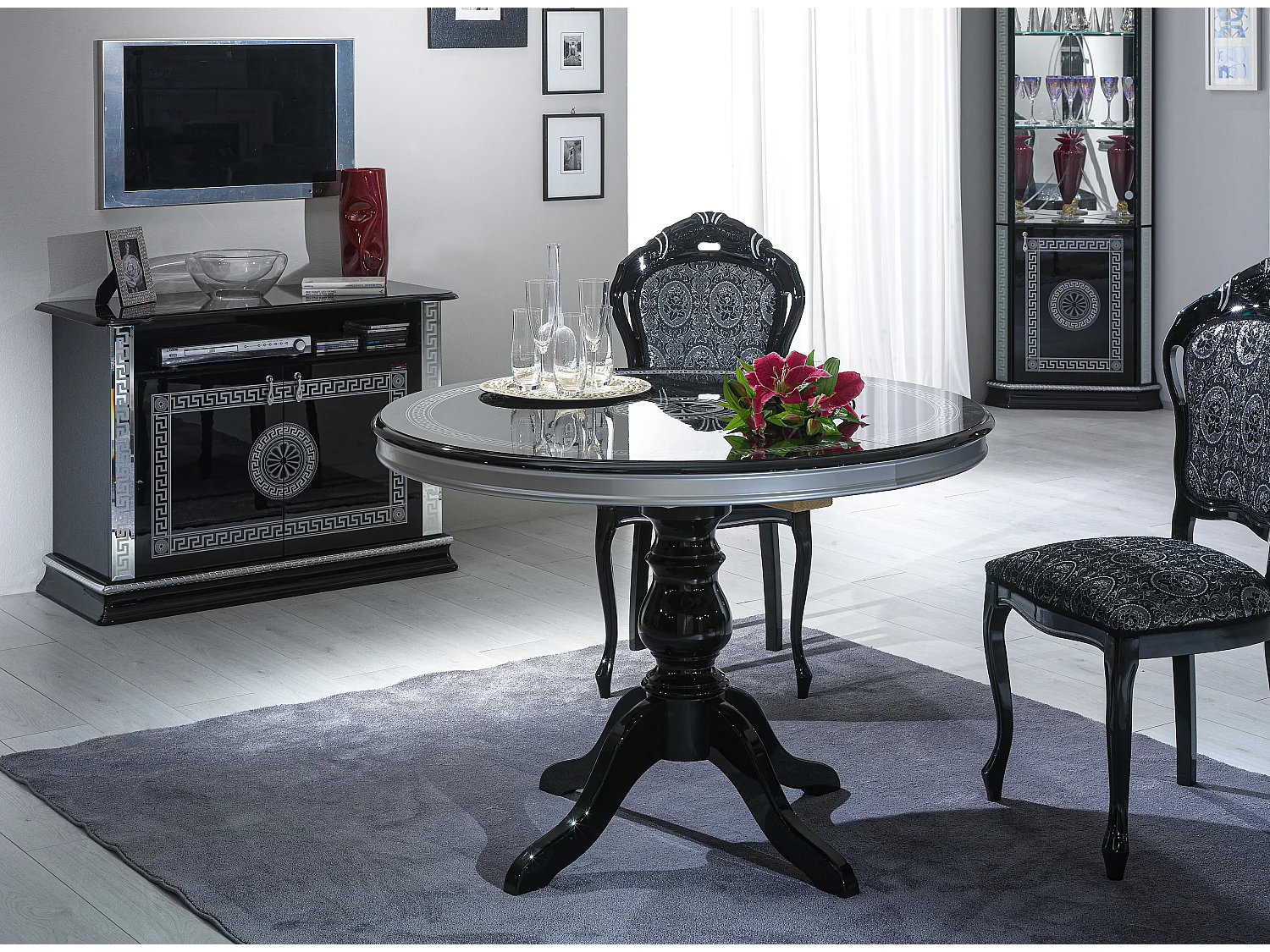 Meuble TV 2 portes 1 niche bois vernis laqué brillant noir et gris Venus 100cm