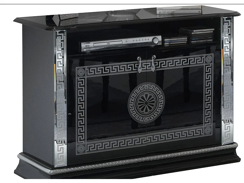 Meuble TV 2 portes 1 niche bois vernis laqué brillant noir et gris Venus 100cm