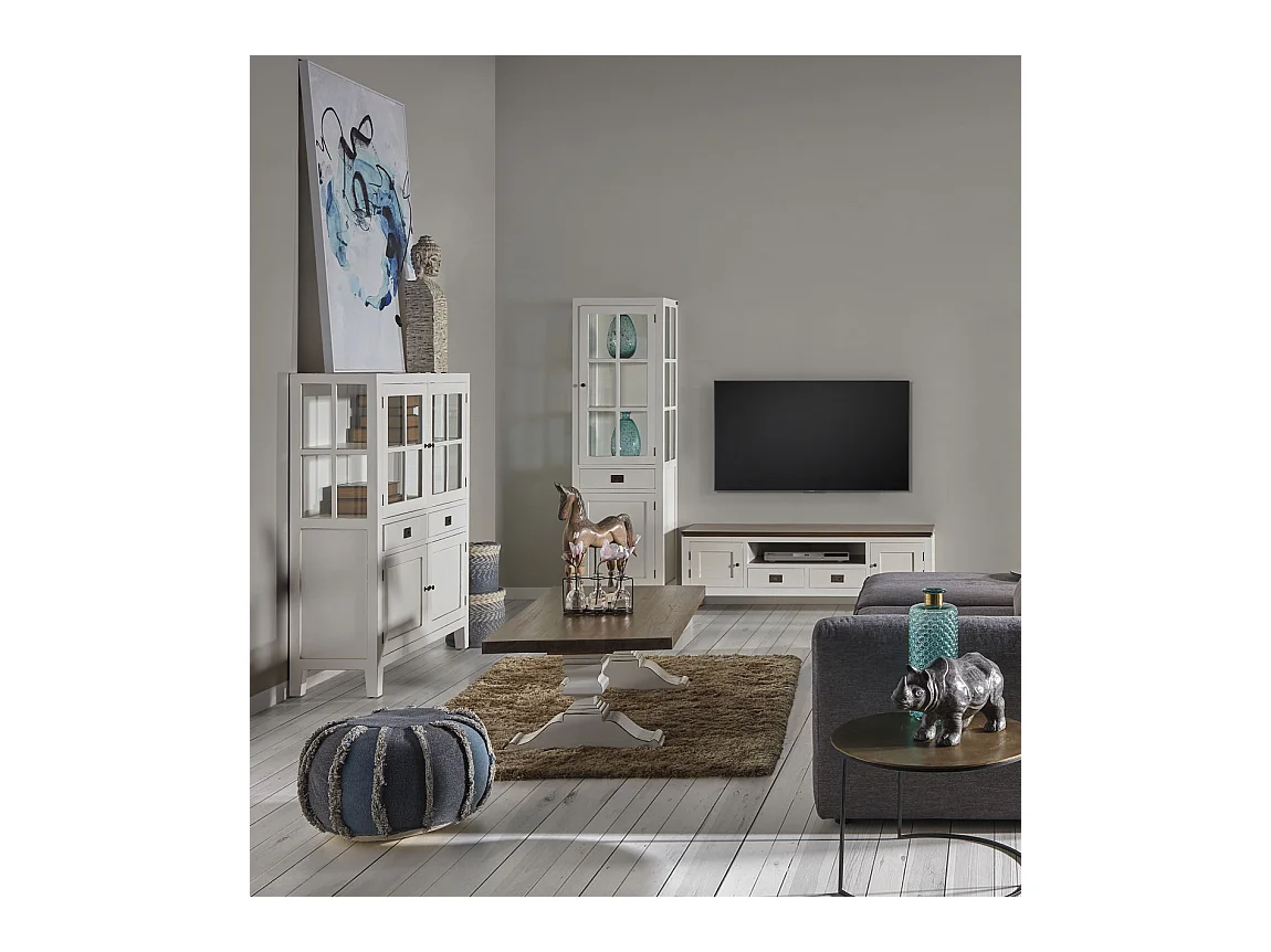 Meuble TV provençal bois massif de mindi blanc et marron Kirest 150cm