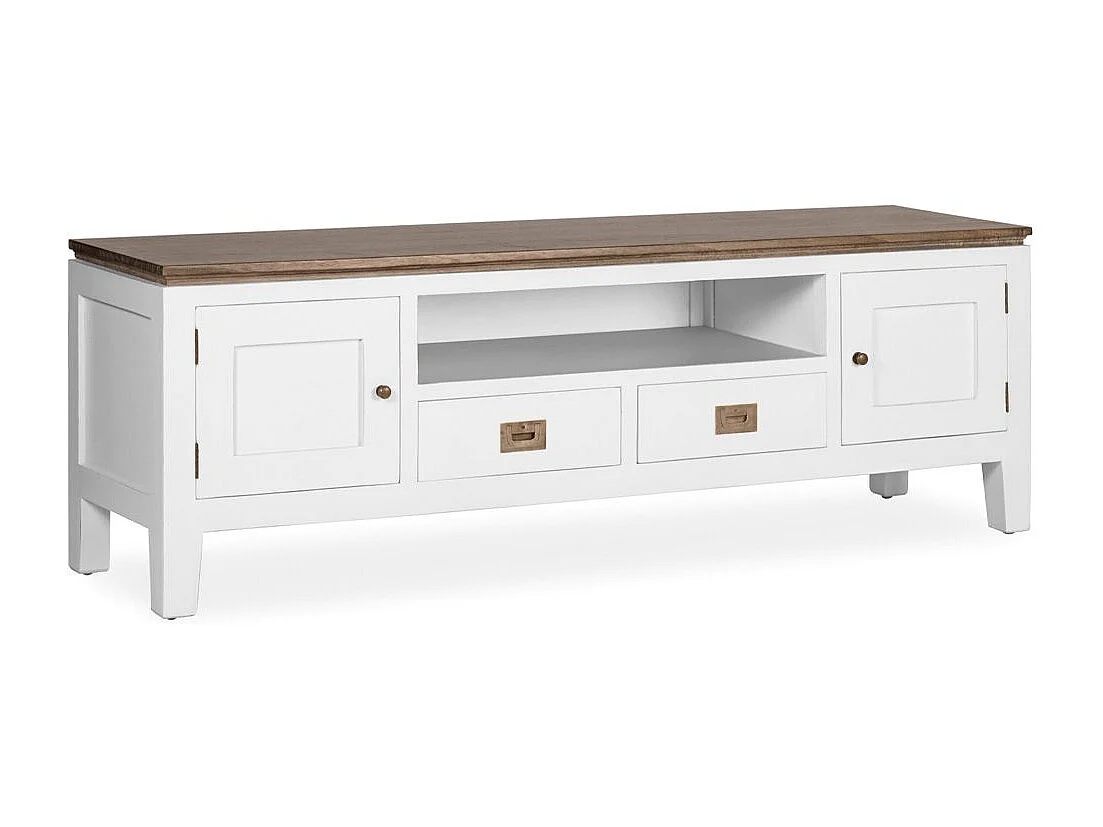 Meuble TV provençal bois massif de mindi blanc et marron Kirest 150cm