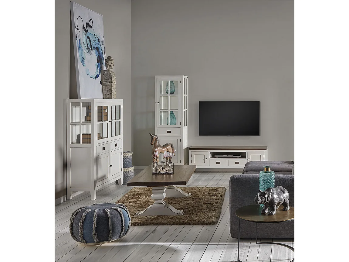 Meuble TV provençal bois massif de mindi blanc et marron Kirest 150cm