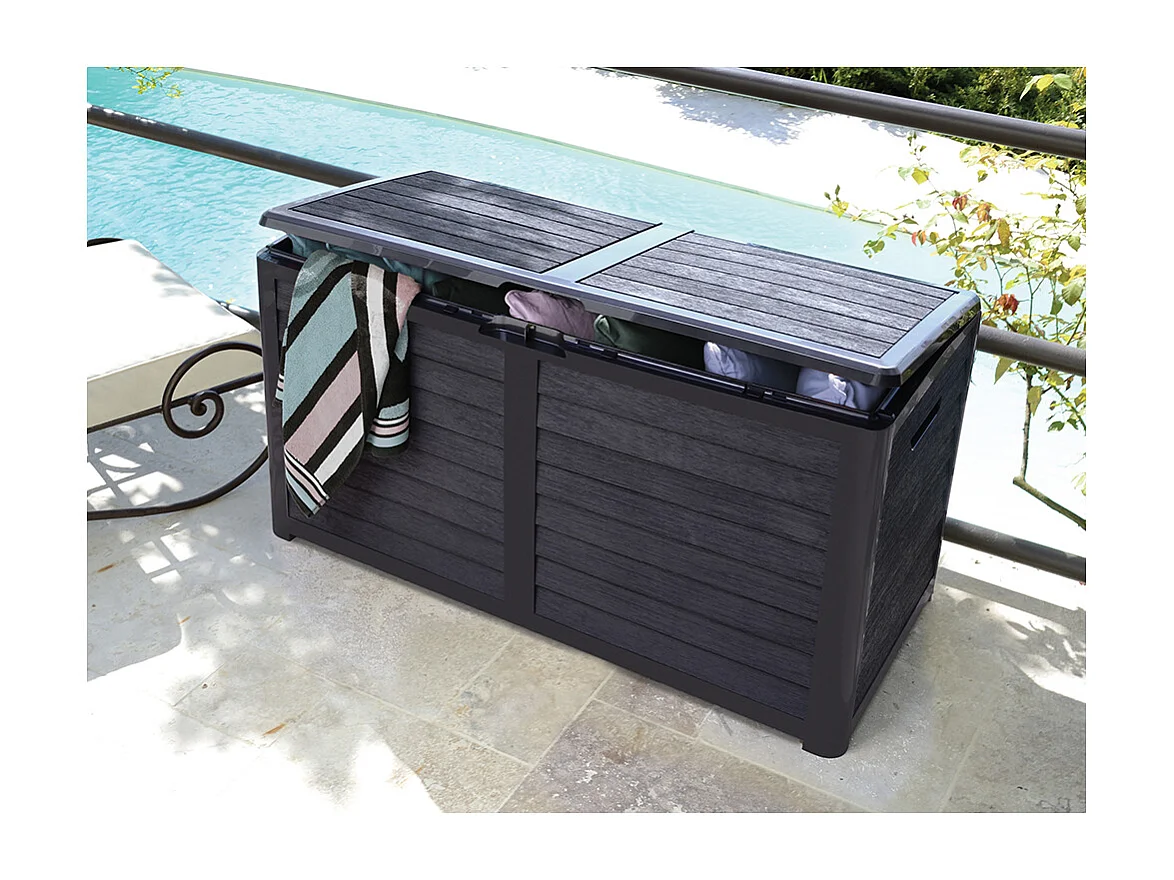 Baú de Jardim Baya 420L em Plástico Cinza Escuro para Armazenamento de Ferramentas e Produtos de Jardinagem