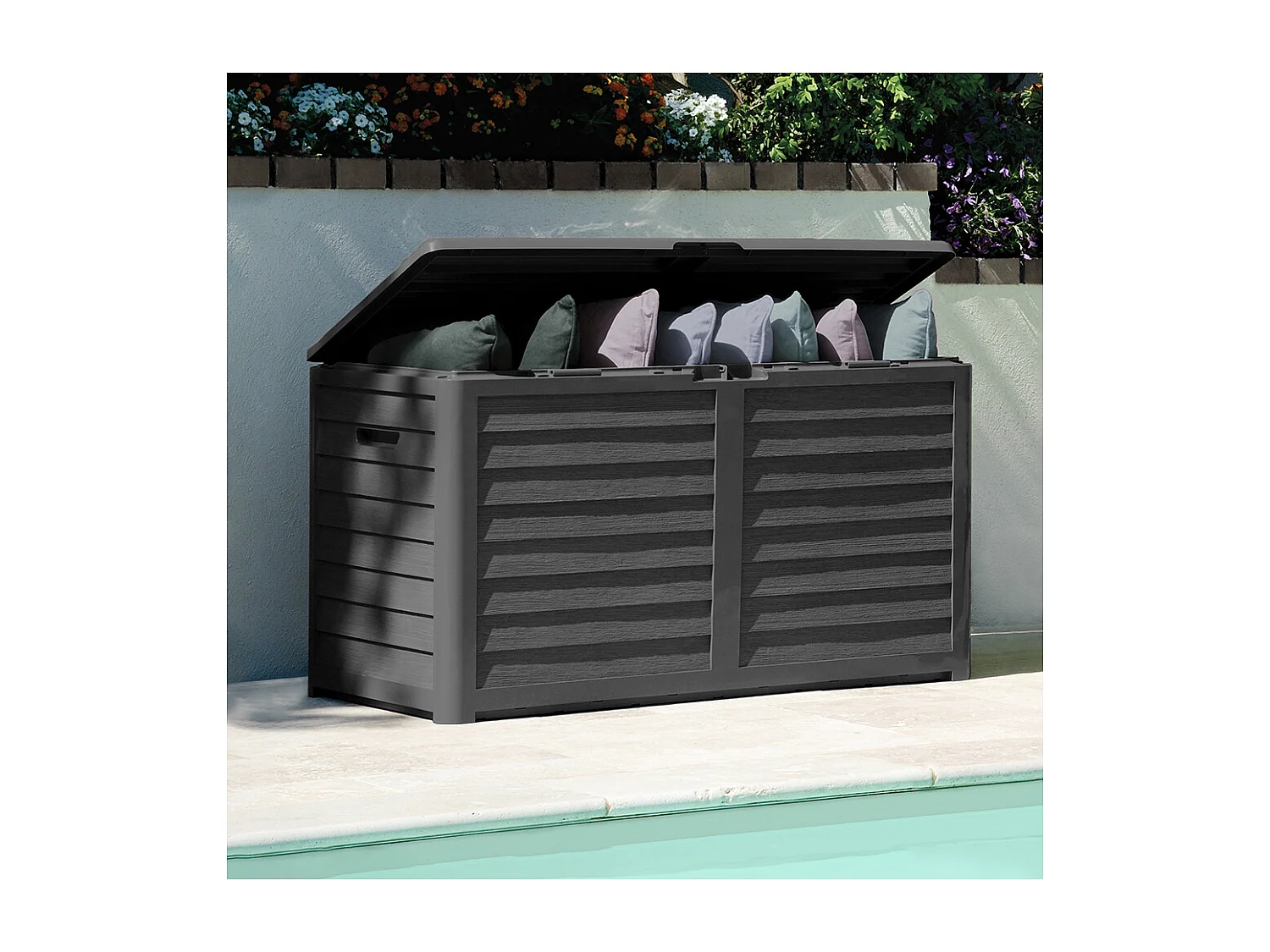 Gartenbox Baya 420L aus dunkelgrauem Kunststoff zur Aufbewahrung von Gartengeräten und -produkten