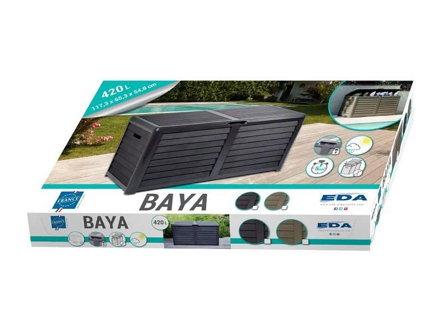 Gartenbox Baya 420L aus dunkelgrauem Kunststoff zur Aufbewahrung von Gartengeräten und -produkten